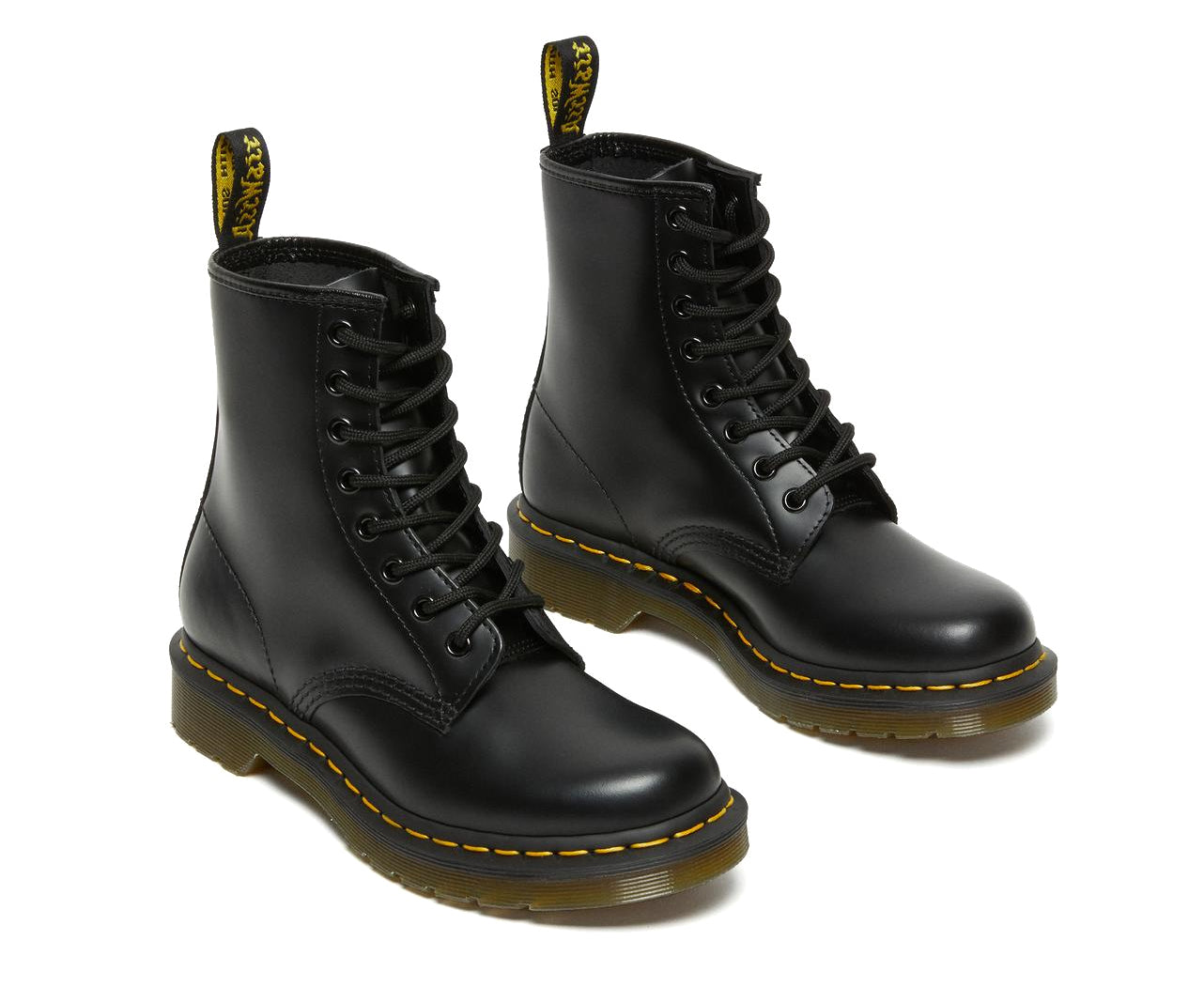 A mid-ankle height, laced, black leather boot.