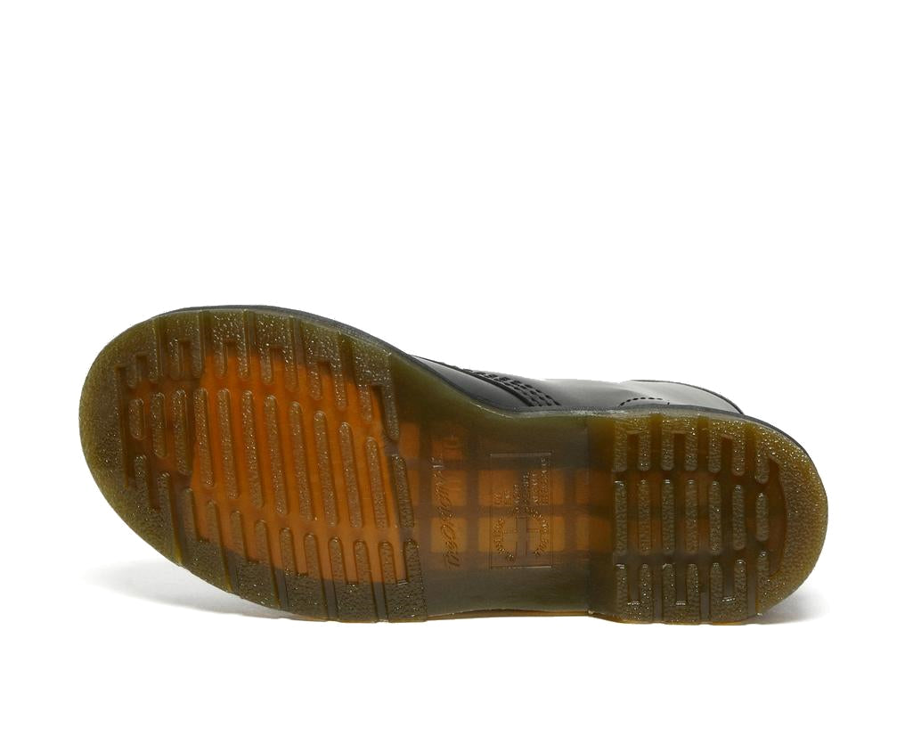 A mid-ankle height, laced, black leather boot.