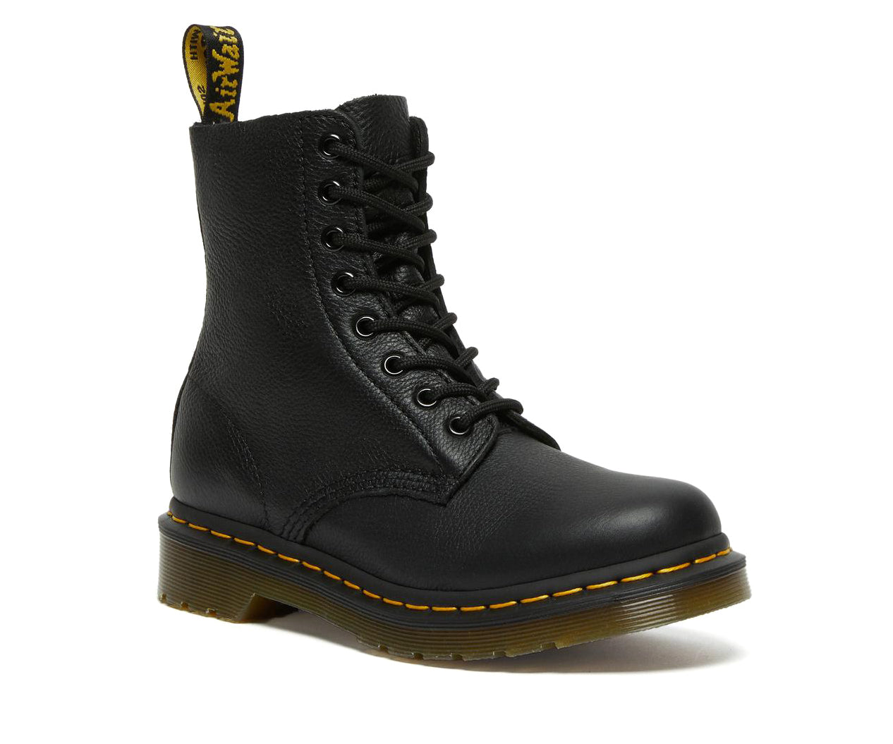 A black soft leather Dr. Martens ankle boot.