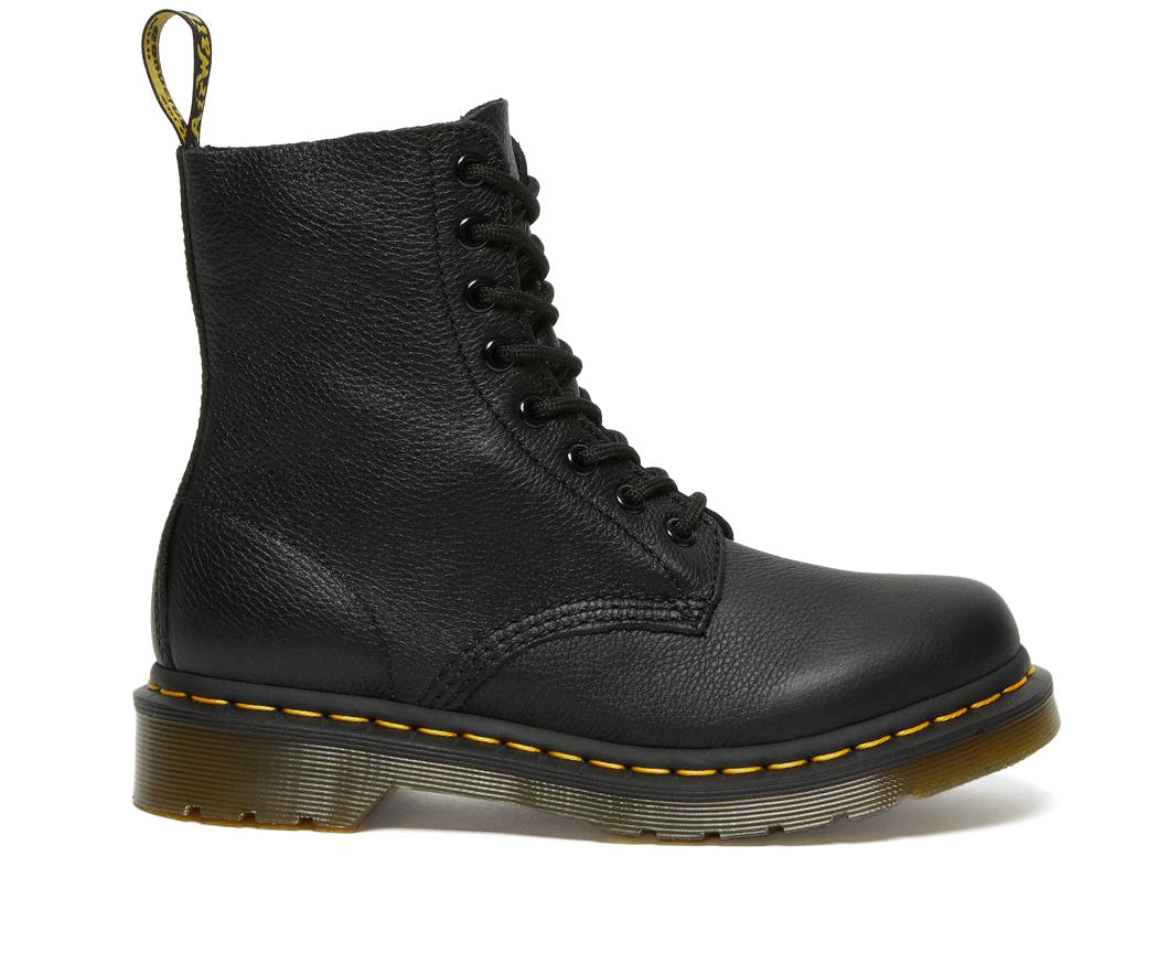 A black soft leather Dr. Martens ankle boot.