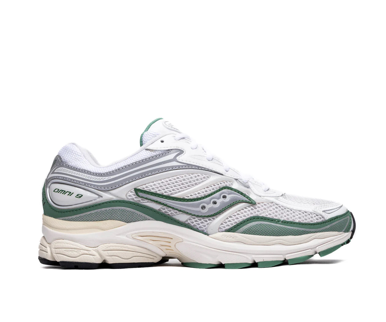 A white mesh running shoe from Saucony with green and silver accents.