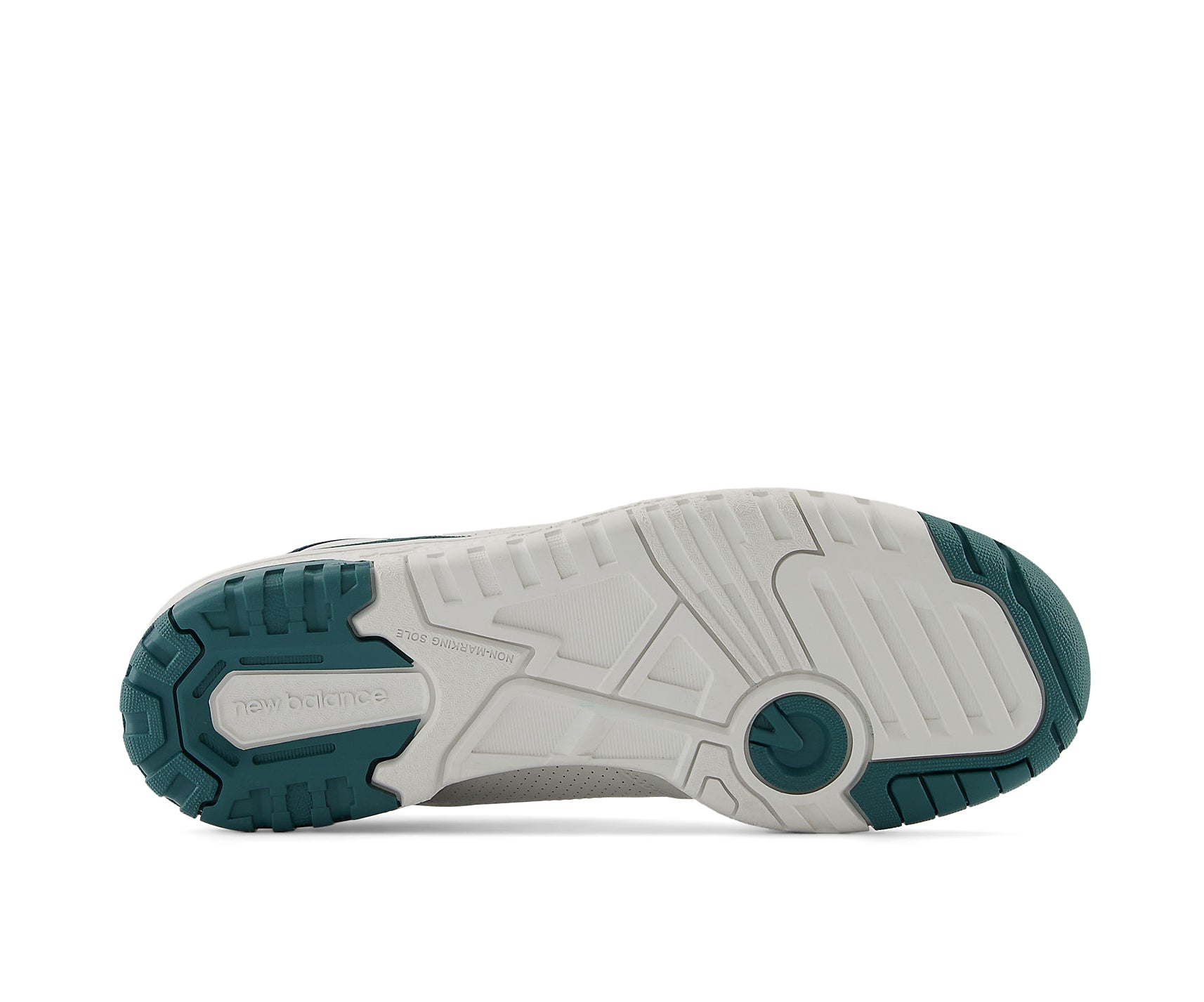 A white and teal leather basketball sneaker from New Balance.