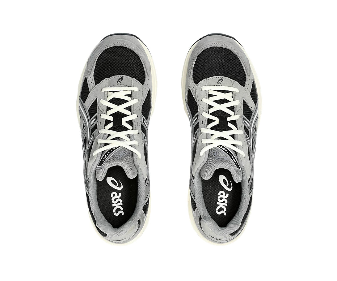 A black and gray running shoe from ASICS.