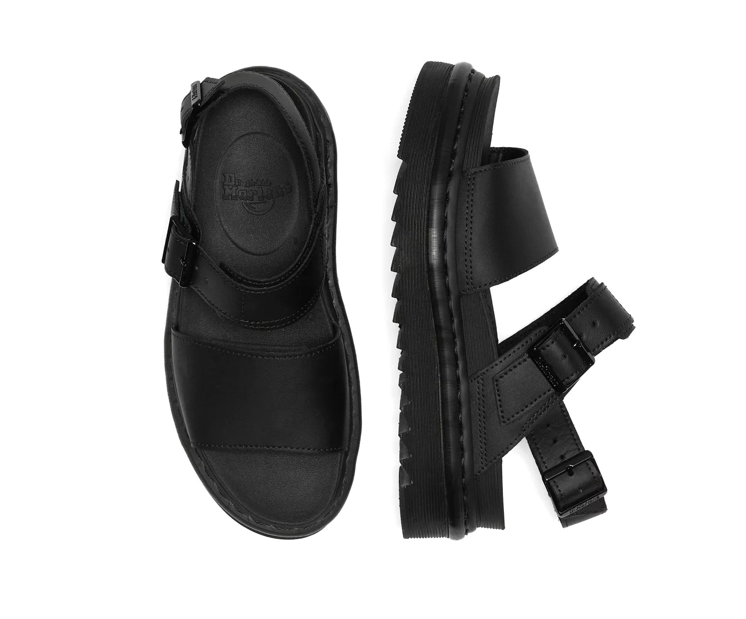 A monochrome black vegan leather Dr. Martens sandal.