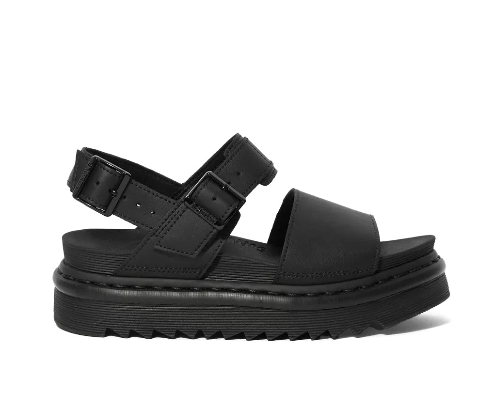 A monochrome black vegan leather Dr. Martens sandal.