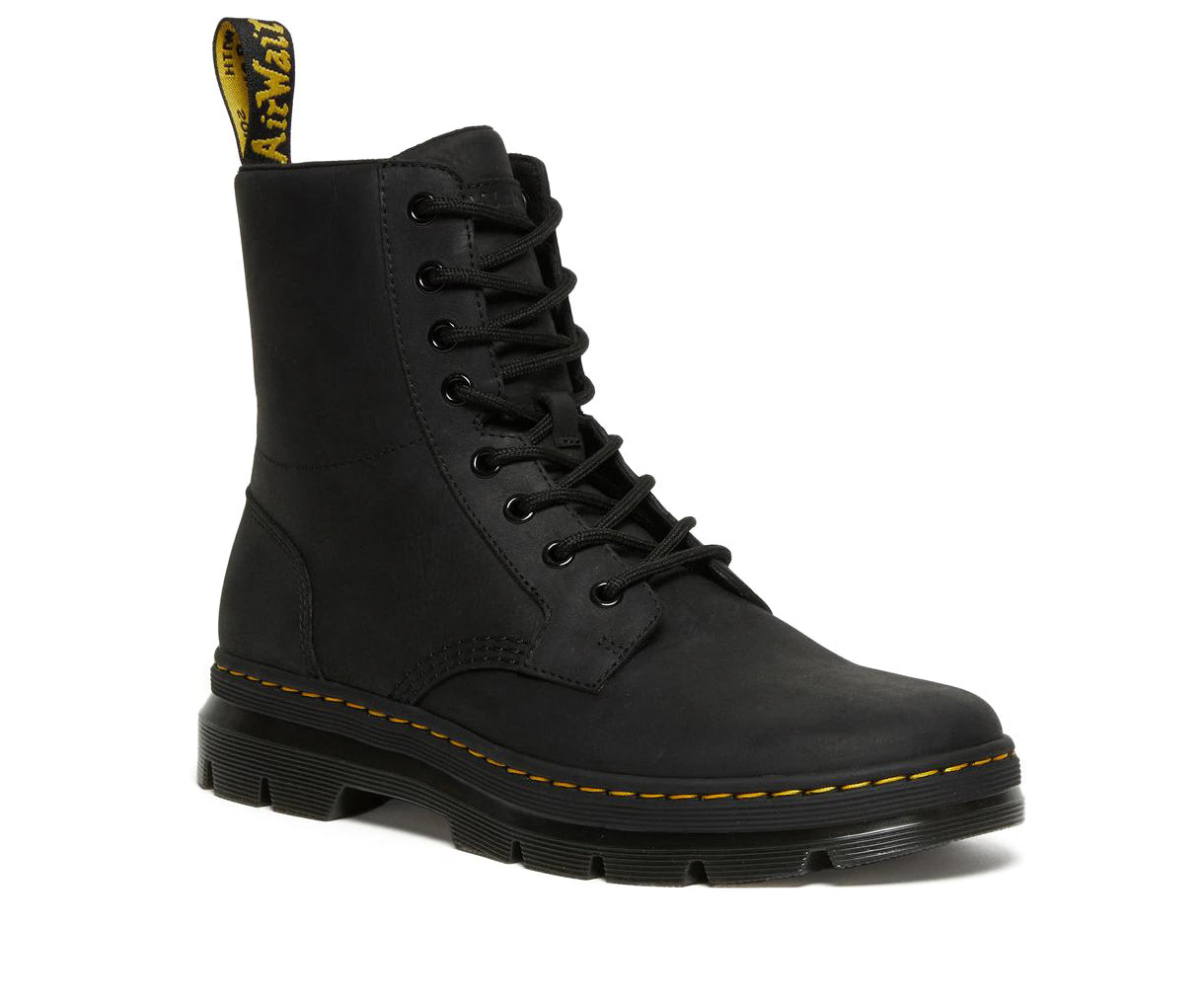 A black, softened leather boot from Dr. Martens.