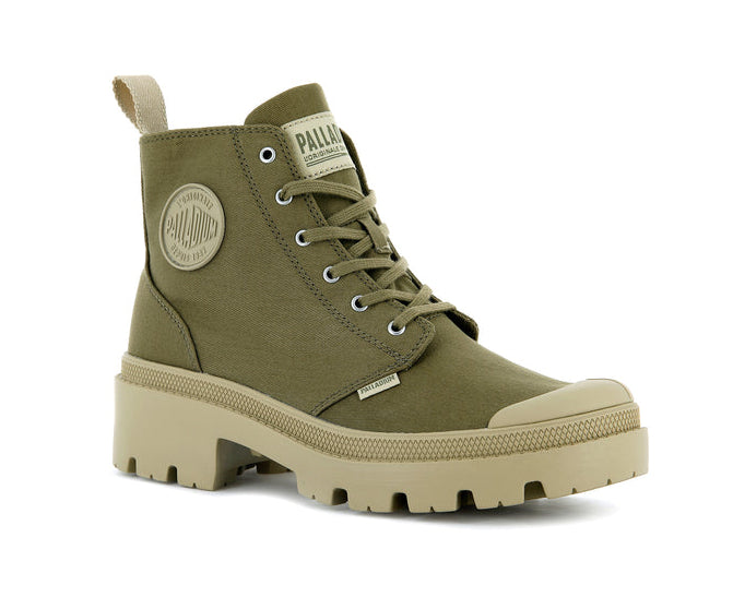 A green canvas boot from Palladium with tan accents.