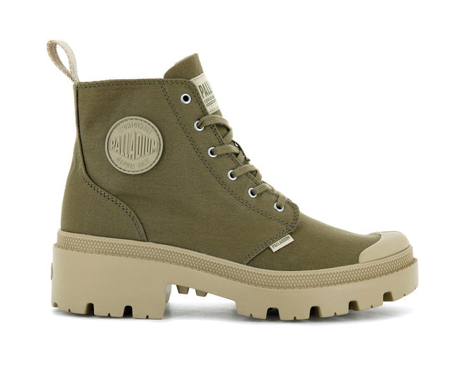 A green canvas boot from Palladium with tan accents.