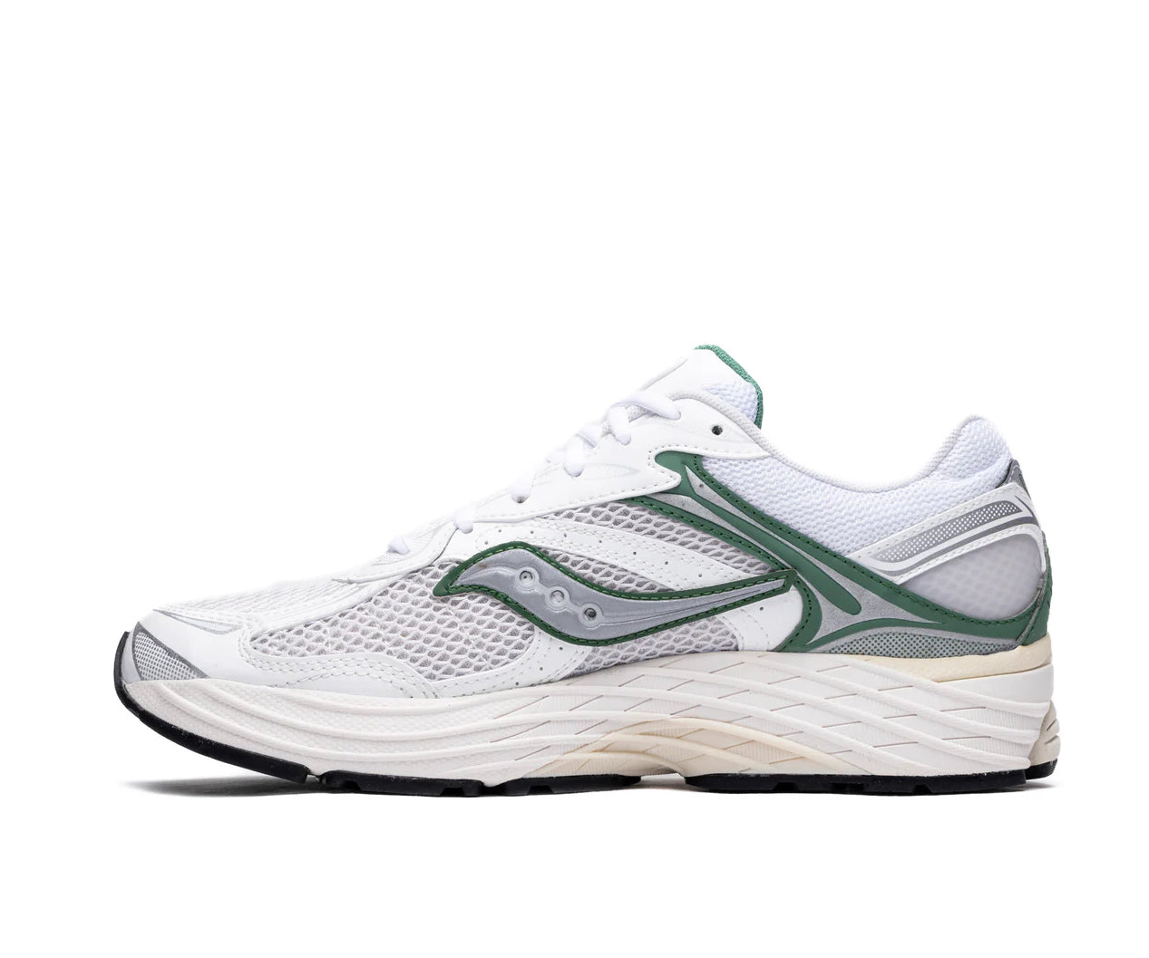 A white mesh running shoe from Saucony with green and silver accents.