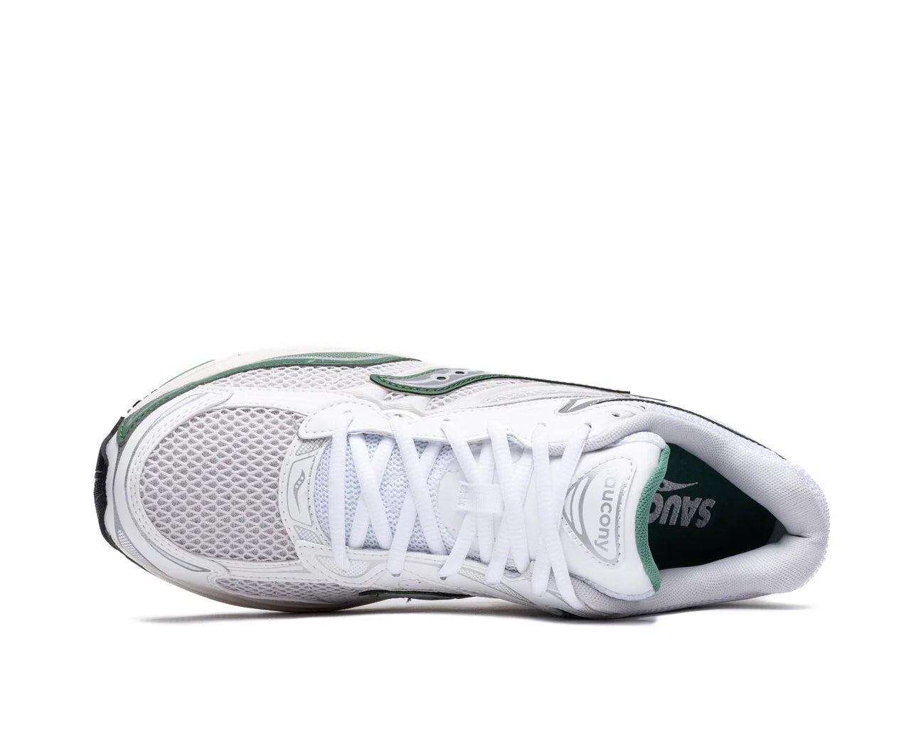 A white mesh running shoe from Saucony with green and silver accents.