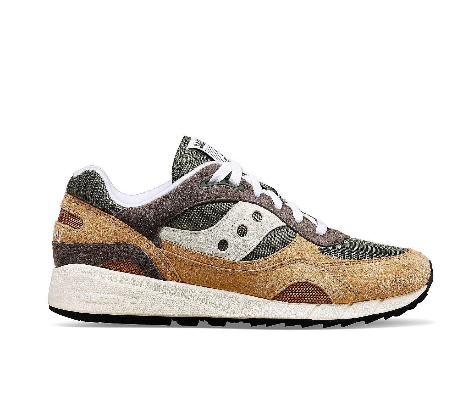 A brown and green sneaker from Saucony.