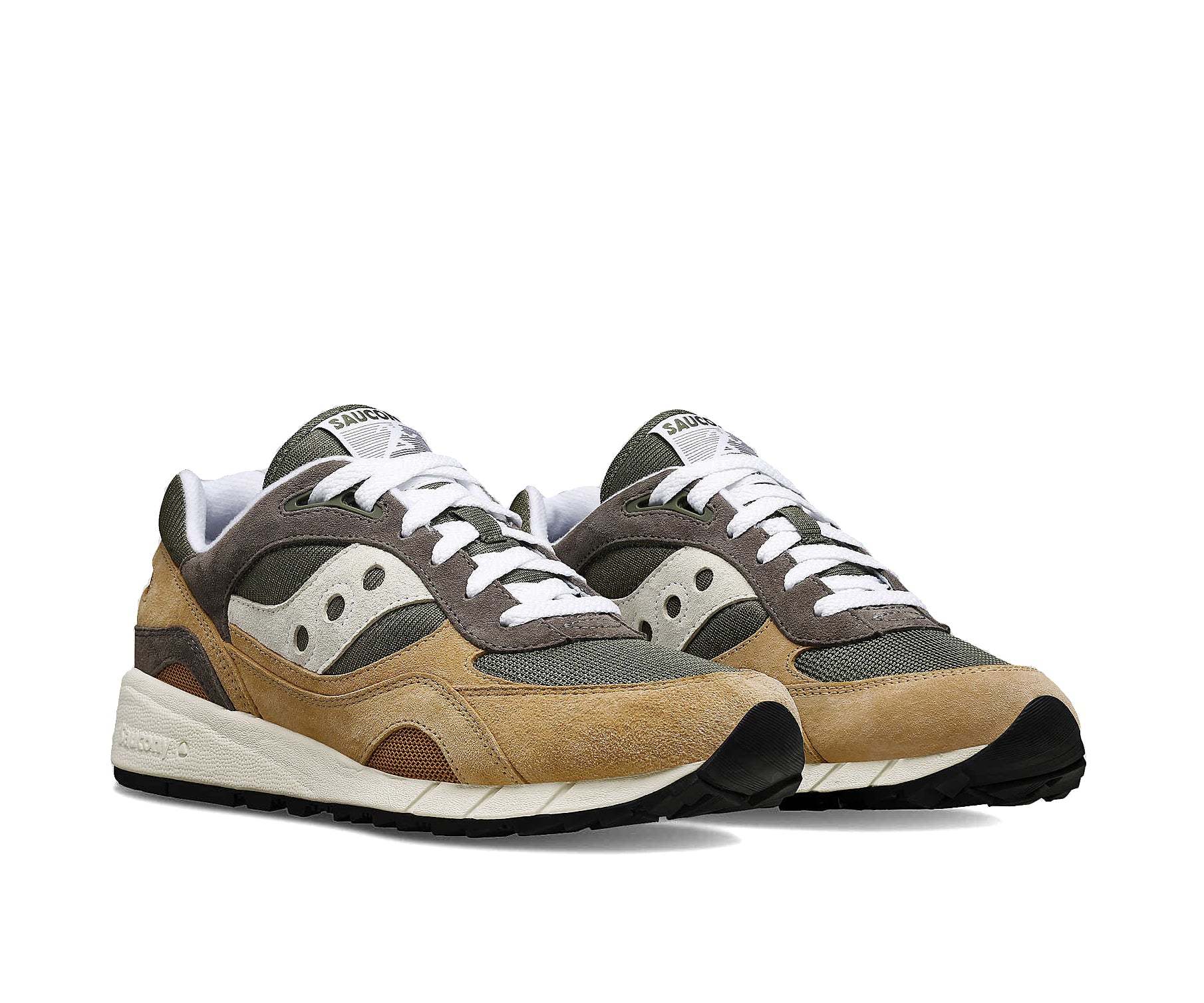 A brown and green sneaker from Saucony.