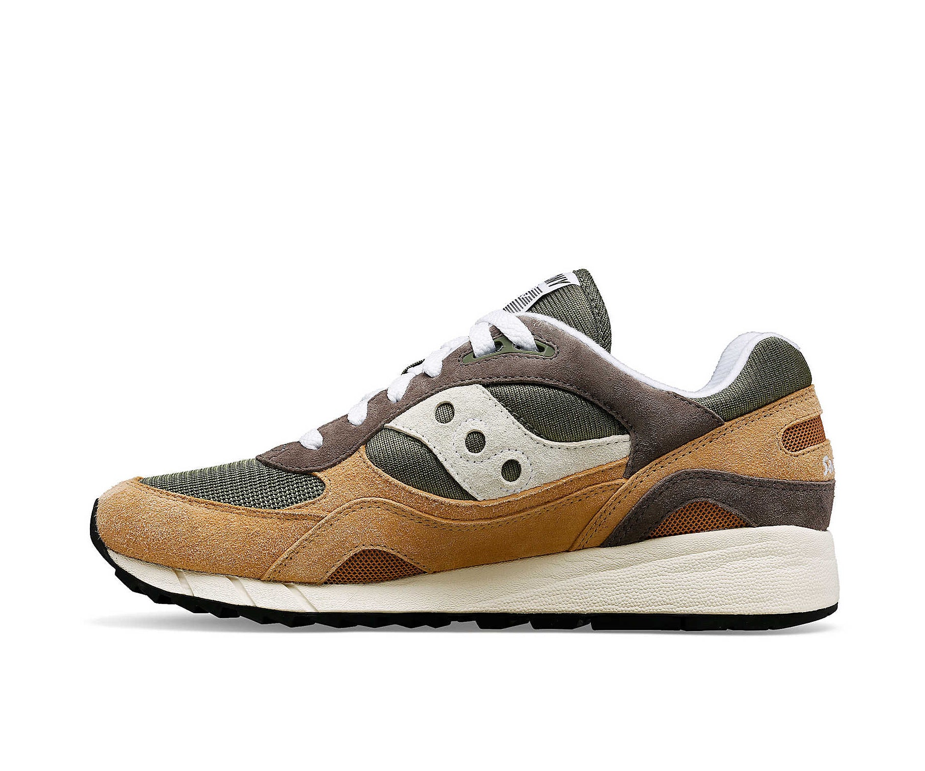 A brown and green sneaker from Saucony.