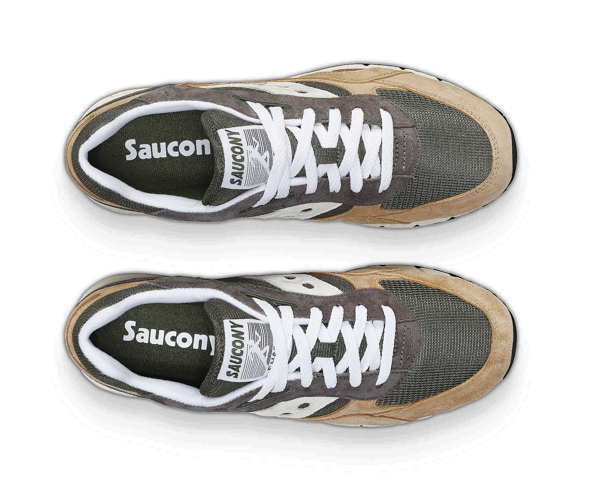 A brown and green sneaker from Saucony.