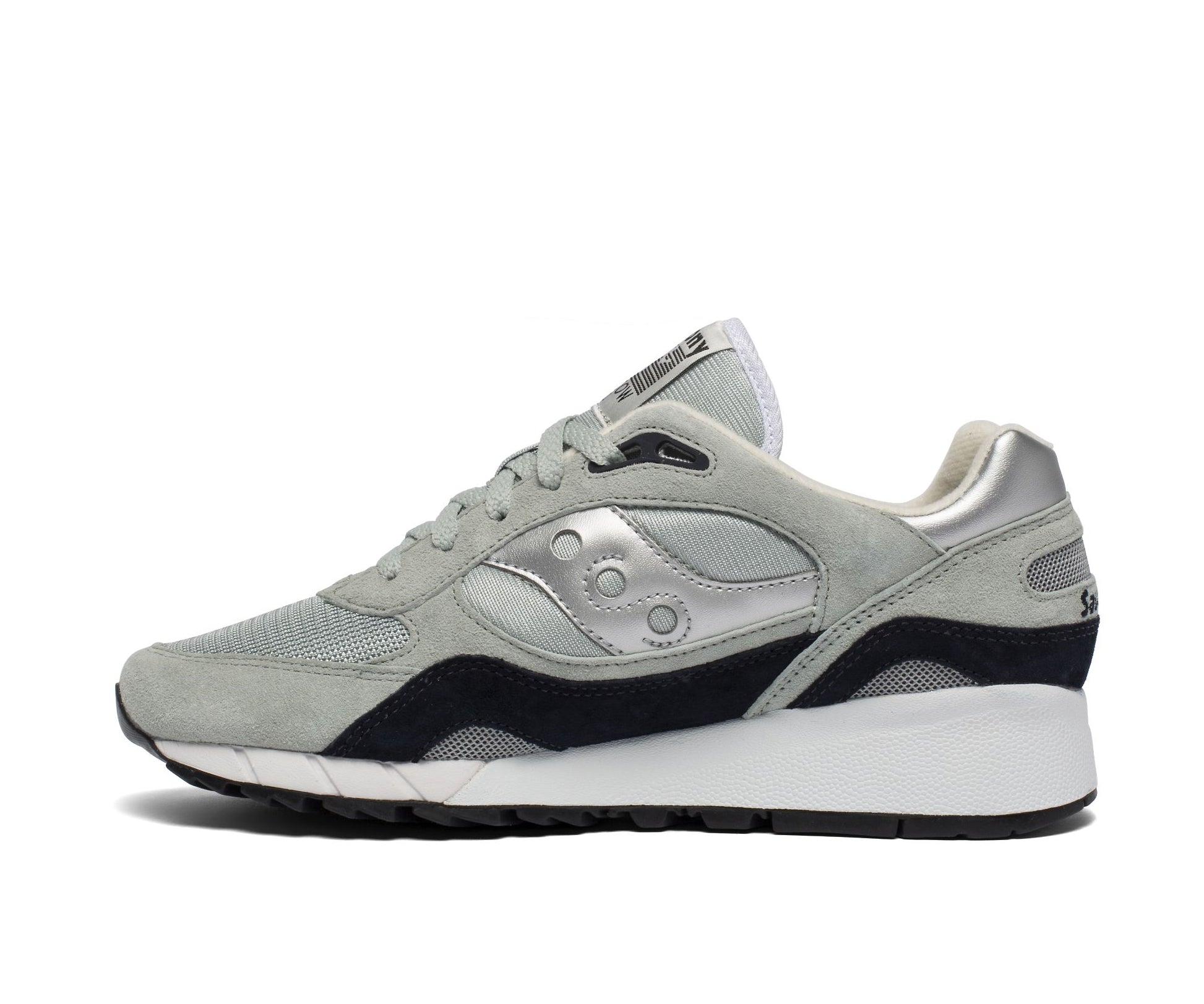 A gray sneaker from Saucony with dark navy and silver accents.