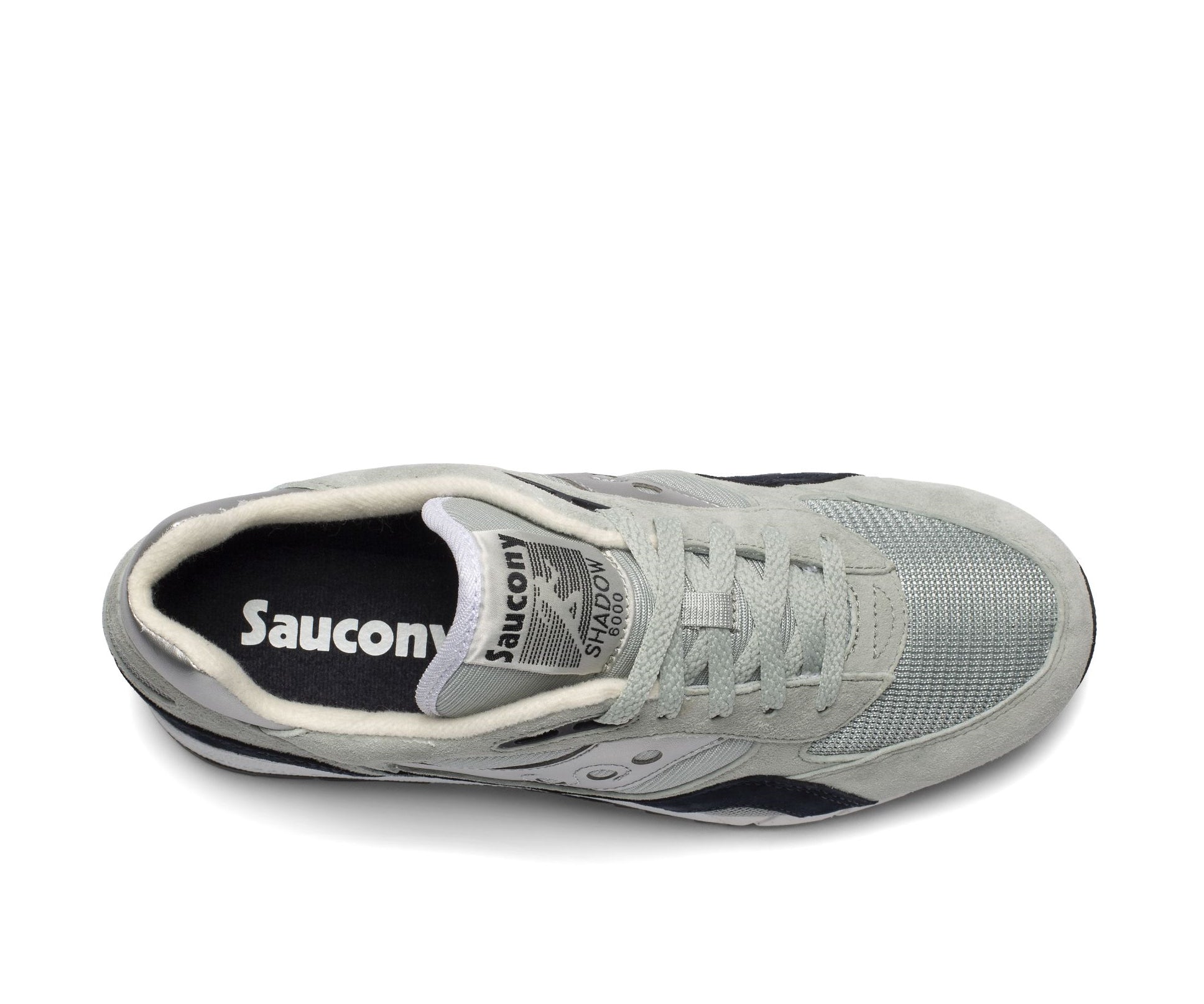 A gray sneaker from Saucony with dark navy and silver accents.