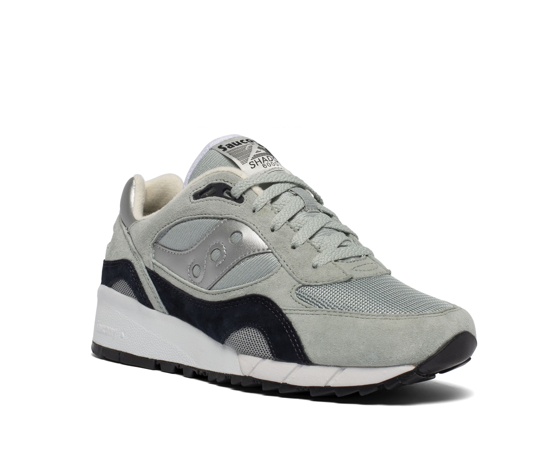 A gray sneaker from Saucony with dark navy and silver accents.