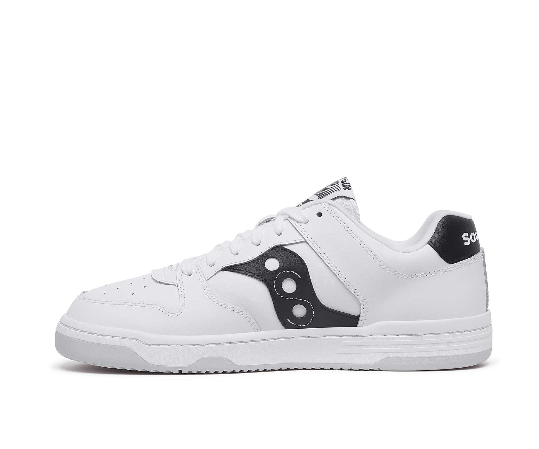 A white leather court shoe from Saucony with black accents.