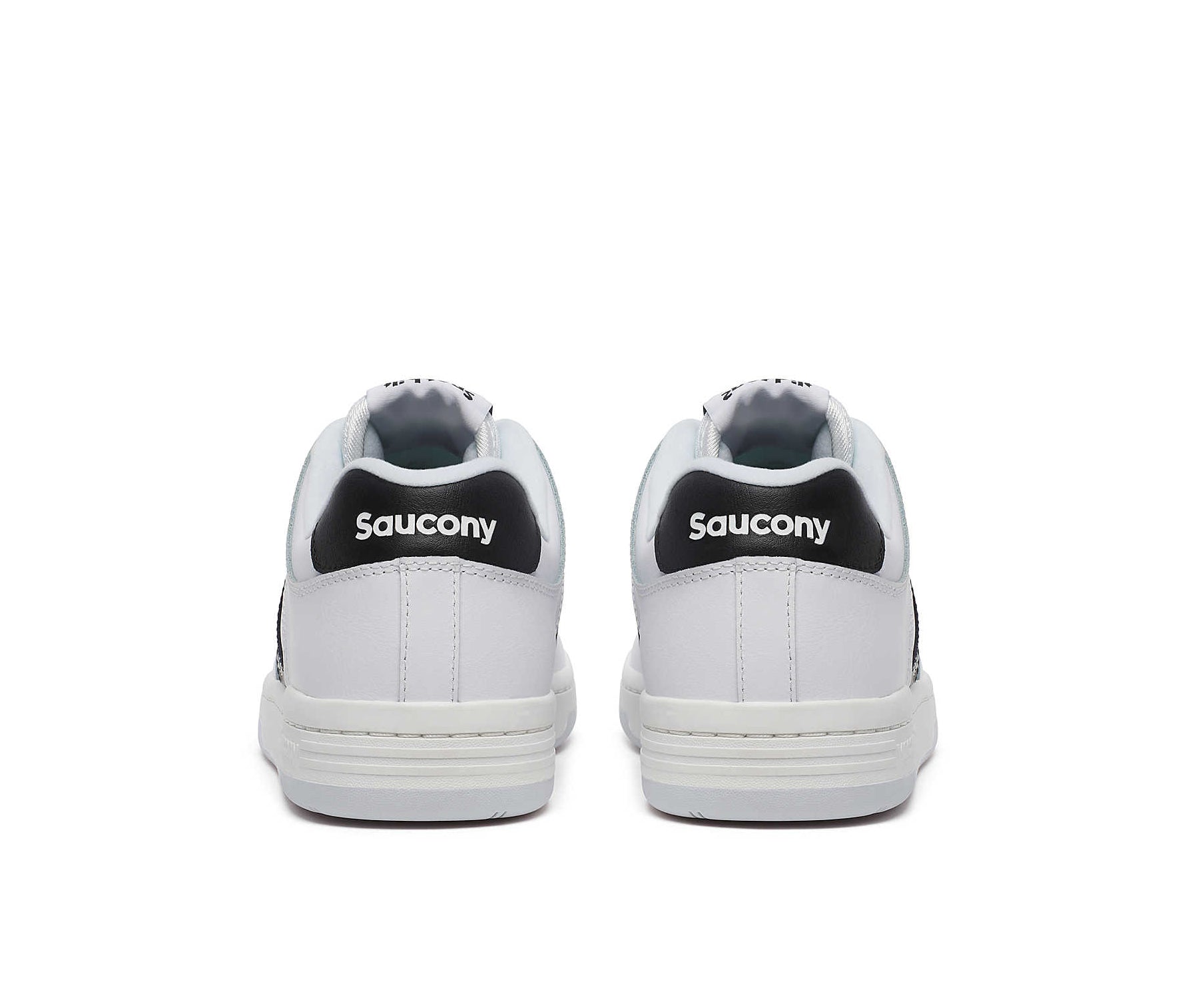 A white leather court shoe from Saucony with black accents.