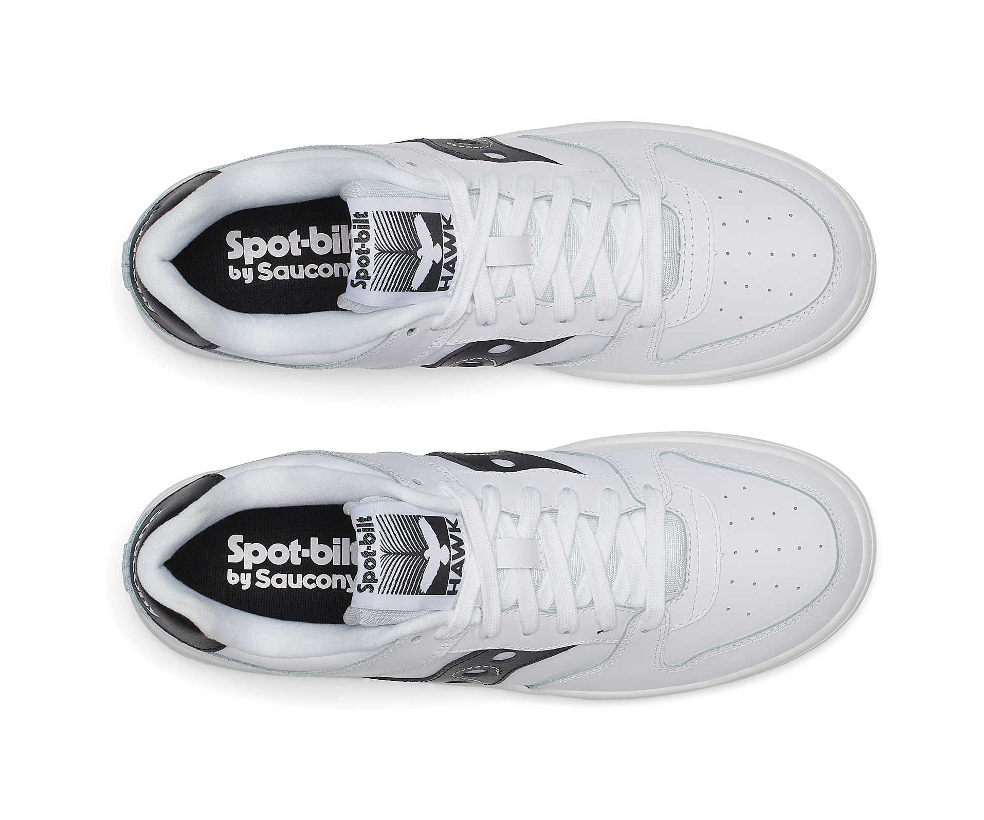 A white leather court shoe from Saucony with black accents.