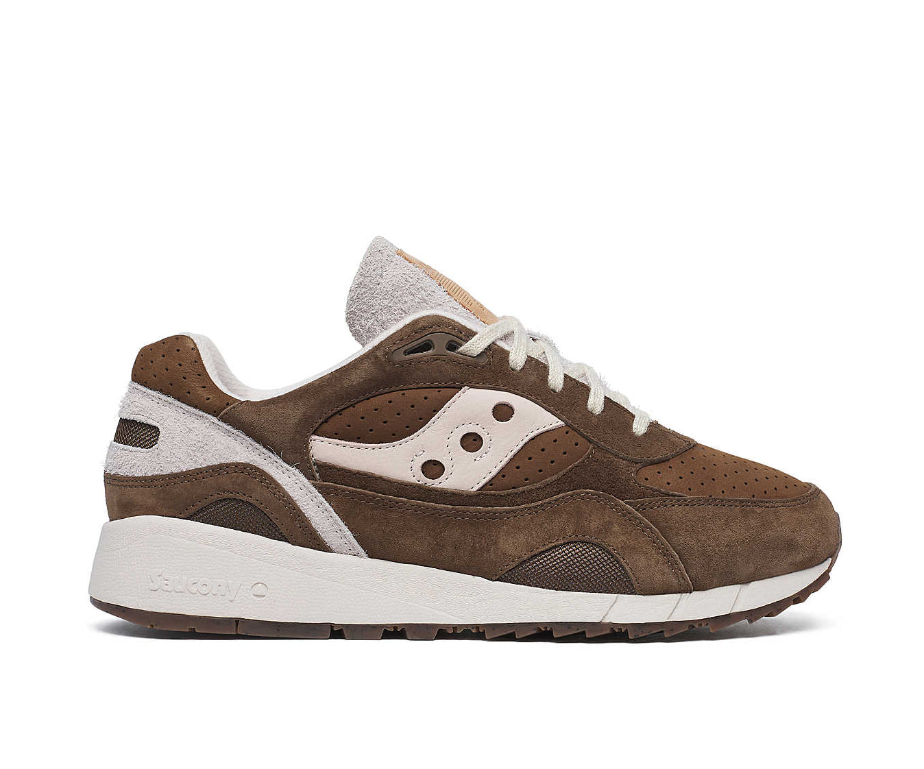 A brown suede sneaker with light cream accents from Saucony.