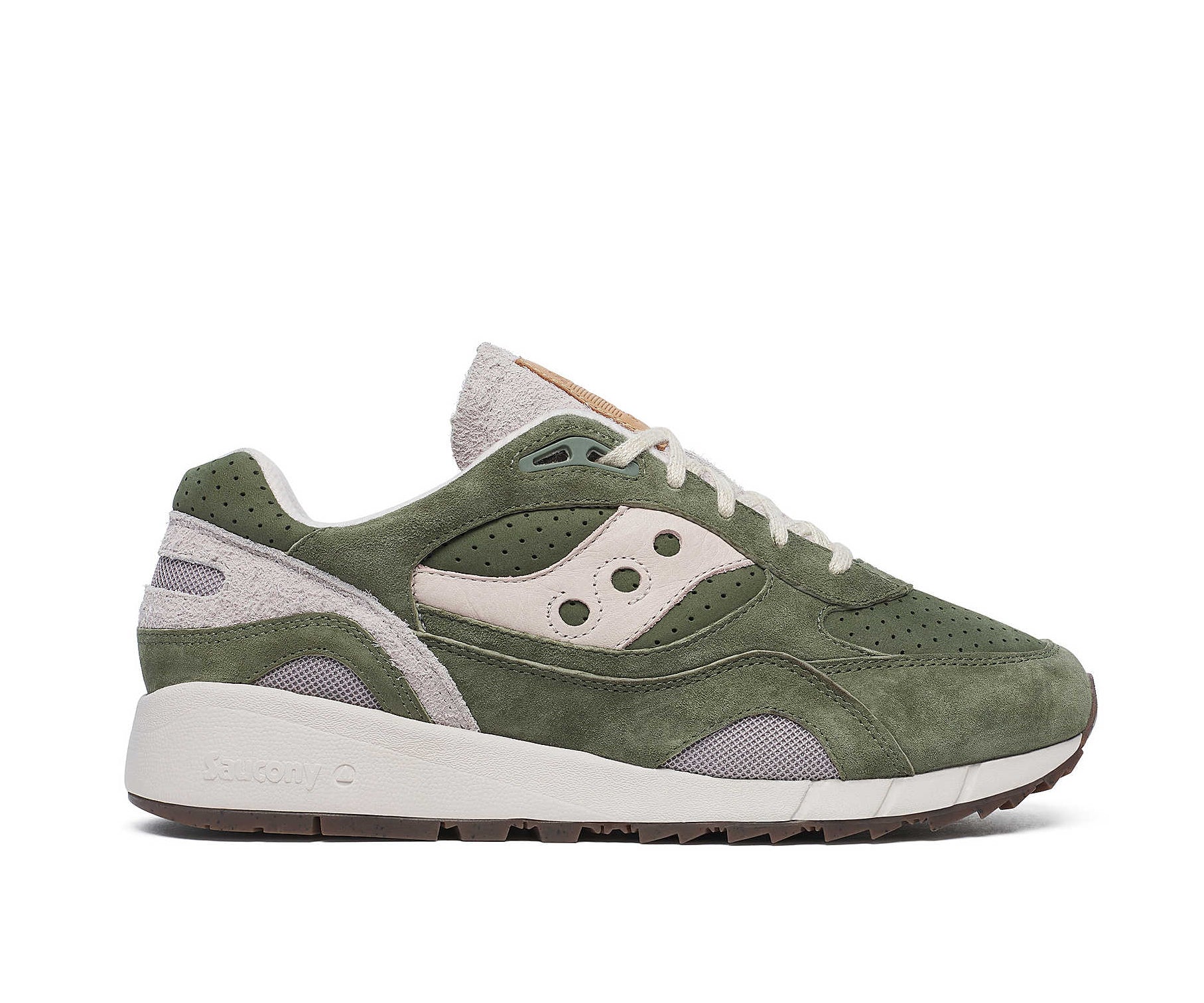 A green suede sneaker with light gray accents from Saucony.