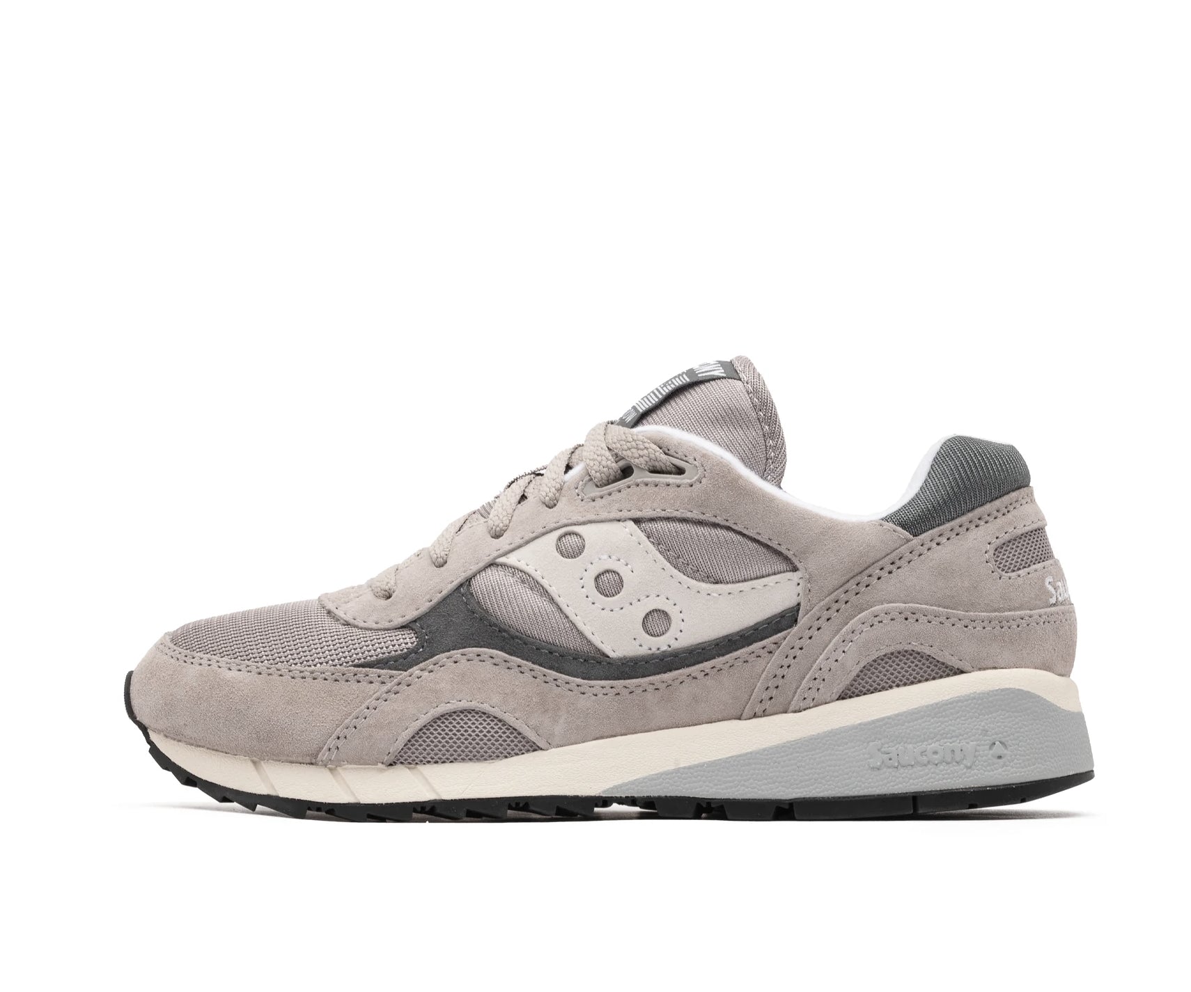 A gray sneaker with darker gray and white accents from Saucony.