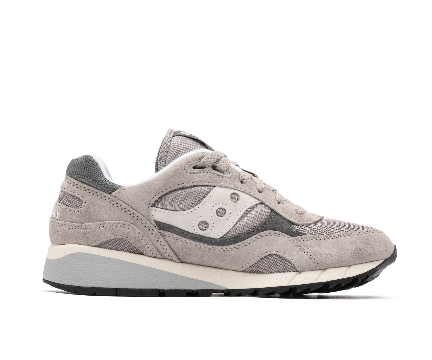 A gray sneaker with darker gray and white accents from Saucony.