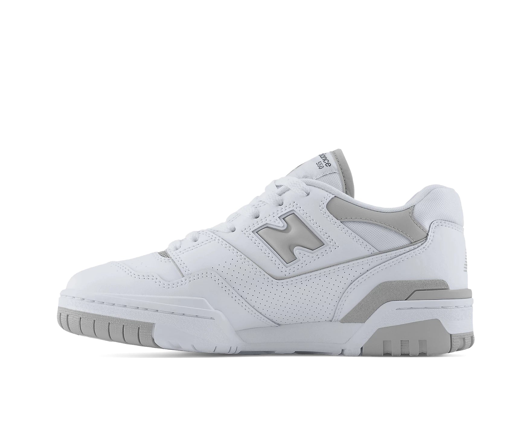 A white leather court shoe from New Balance with gray accents.