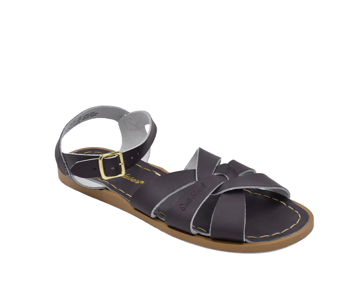 A dark brown leather 3-strap sandal from Salt Water.