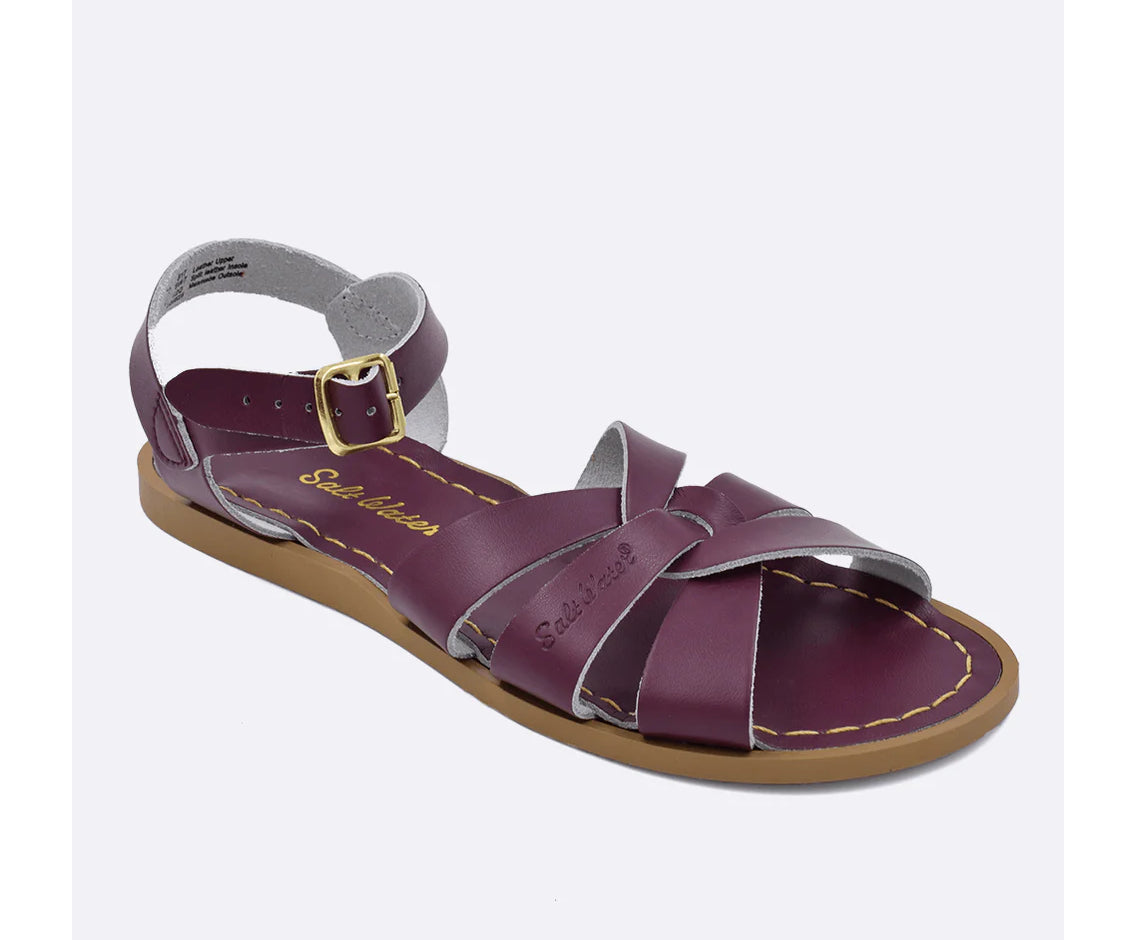 A burgundy leather 3-strap sandal from Salt Water.