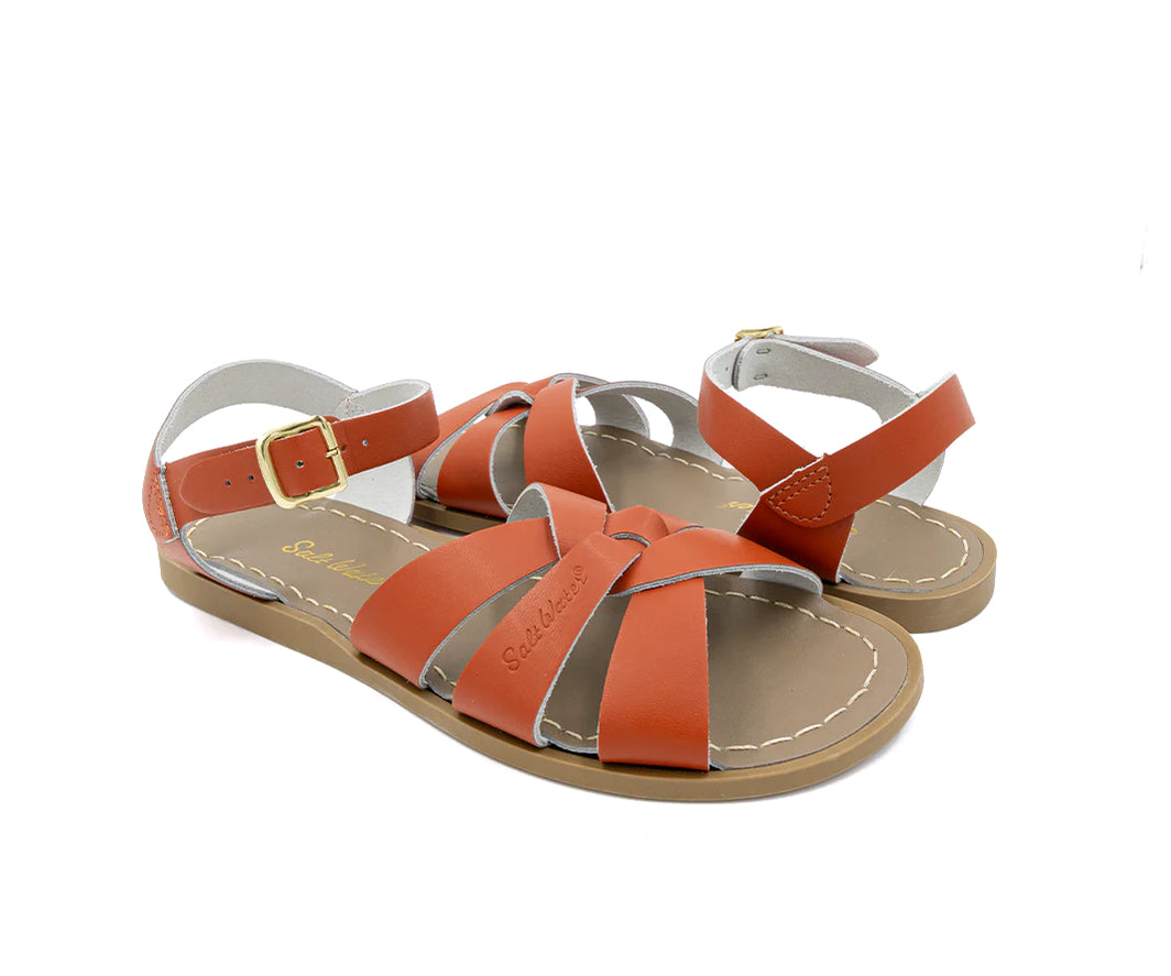 An orange leather 3-strap sandal from Salt Water.