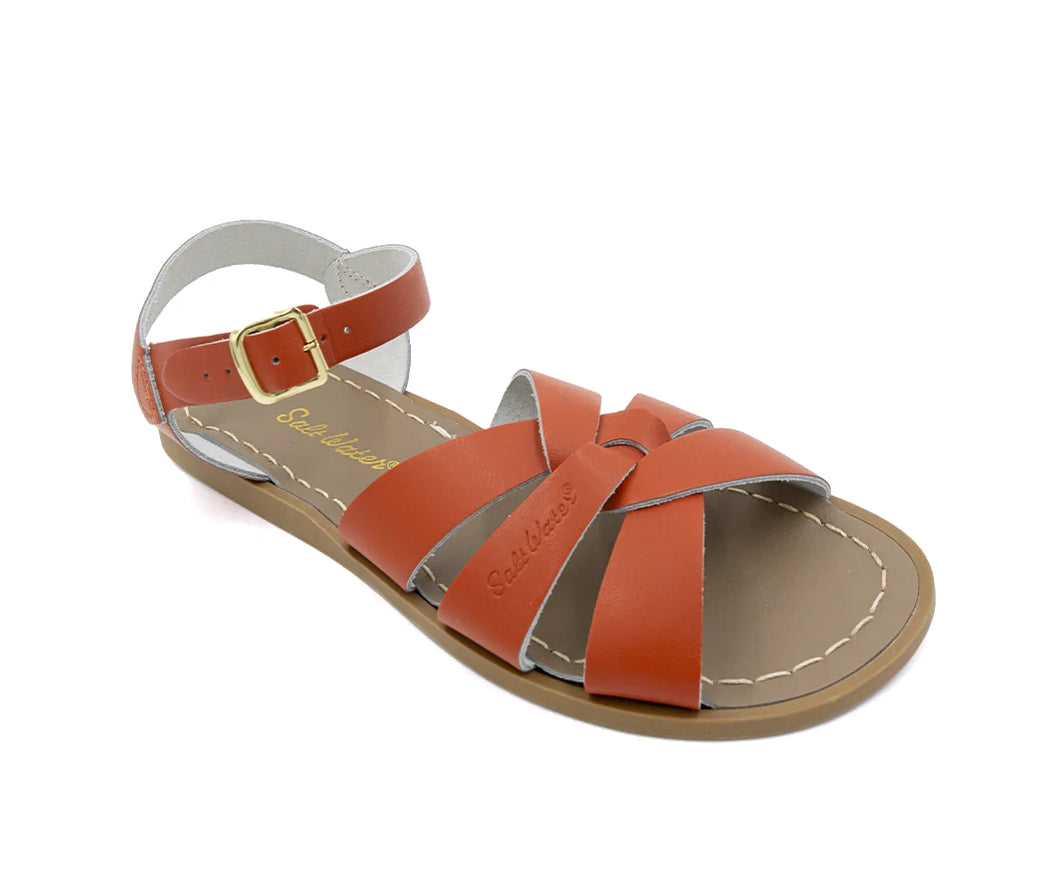 An orange leather 3-strap sandal from Salt Water.